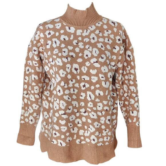 🐆 LOFT Leopard Print Mock Neck Sweater | Tan & White Metallic Accent | Size M - Picture 5 of 10